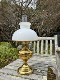 VICTORIAN BRASS FLUID LAMP  With OPAQUE WHITE SHADE