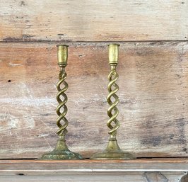 PAIR Of (19th C) OPEN BARLEY TWIST BRASS CANDLESTICKS