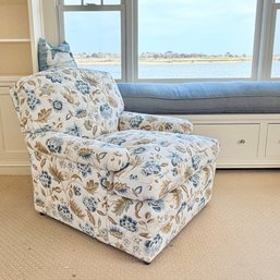 LADY'S FLOWER-UPHOLSTERED, DOWN FILL EASY CHAIR ON CASTORS