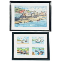 (5) WATERCOLORS Of A COASTAL FISHING VILLAGE