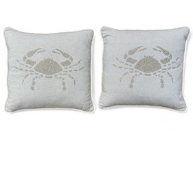 Pair, Michelle Hatch Linen Throw Pillows With Encrusted Crab