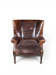 RESTORATION HARDWARE LEATHER WING BACK LOUNGE CHAIR