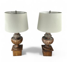 Pair, Solid Wood Newell Post Table Lamps