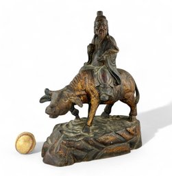 Large Chinese Taoist Carved Wood Figure On Ox Or Bull