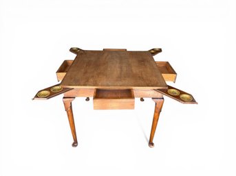 1960S GAMES TABLE WITH FOUR DRAWERS AND SLIDING COCKTAIL TRAYS