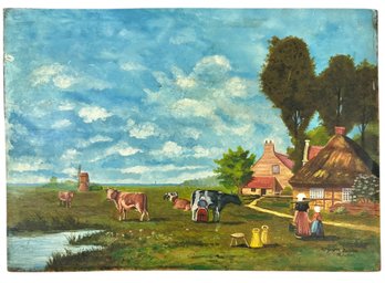 Grappa, Oil Painting On Cedar Board, Folk Art Farm Scene