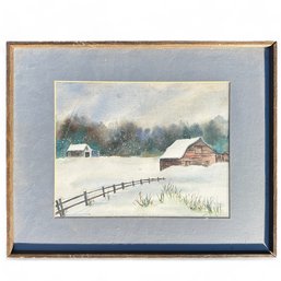 Framed Gouache On Paper, Snug Harbor Snow Scene By Alice Morris