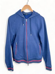 Navy Blue Gucci Hoodie With Red Zippers And Detailing