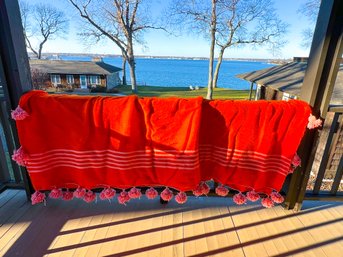 King Size Orange And Pink Wool Berber Blanket With Pom Pom Detail