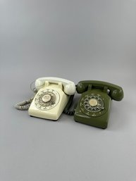 1960's Vintage Rotary Phones - White And Olive Or Avocado Green