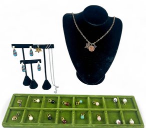 Two 17' Necklaces And 19 Interchangeable Charms, 2 Pair Cloisonne Earrings