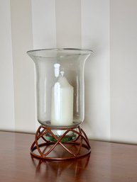 HAND BLOWN HURRICANE LAMP On IRON BASE