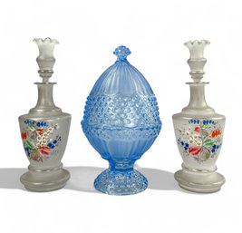 Blue Depression Glass Covered Jar And Victorian Decanters