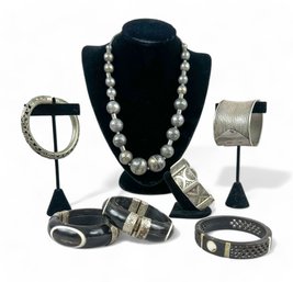 Vintage Ethnic Lot Of Silver, Ebony And Bone Bracelets And Necklace