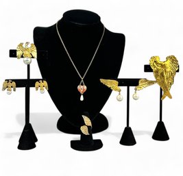 Sterling Vermeil Wings, Eagles And Pearls Sterling And Vermeil Ring And Ann Hand Pins