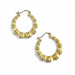 Yellow Gold Bamboo Style Hoop Earrings