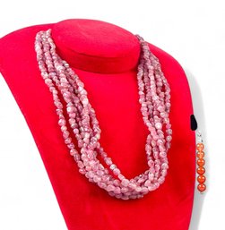 Pink Tourmaline And Sterling Silver Multi Strand Bib Necklace