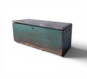 (19th C) GREEN PAINTED WOODEN BLANKET CHEST With MOLDED TOP