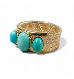 14kt Woven Yellow Gold And Turquoise Ring, Made In Italy