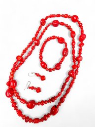 Sterling And Coral Suite Of Jewlry