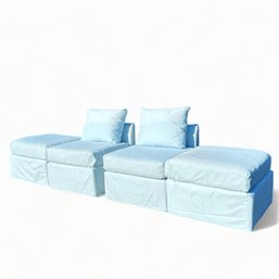 Two Mitchell Gold Bob Williams Sky Blue Slip Covered Chairs With Ottoman