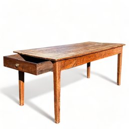 19th C Antique French Wood Farm Table With Side Drawer
