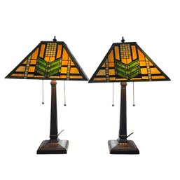 Luis Comfort For Tiffany Mission Style Green Arrow Stained Glass Lamps