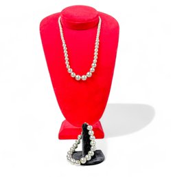 Silver Plated Graduated Ball Necklace And Bracelet