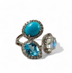 Sterling Silver And Triple Turqouise With Clear Stone Cocktail Ring