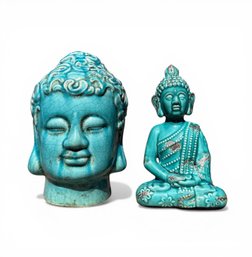TERRACOTTA SITTING BUDDHA AND HEAD IN TURQUOISE GLAZE
