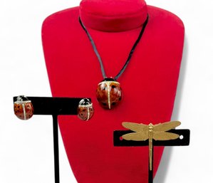 Metropolitan Museum Of Art Sterling And Enamel Lady Bug Earrings And Necklace Set