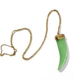 Jade, Sterling Silver And Seed Pearl Horn Necklace On Long Sterling And Vermeil Chain