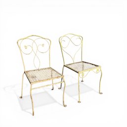 PAIR Of FRENCH WROUGHT IRON GARDEN CHAIRS In DISTRESSED YELLOW PAINT