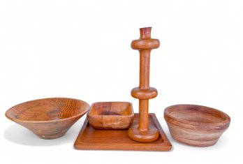Assorted Vintage Teak Table Decor Candlestick, Bowl, Tray