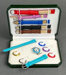 Ladies Watch With Interchangeable Faces And Leather Wrist Straps, New In Box