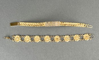 Two Gold Tone Bracelets, Floral And Rhinestone