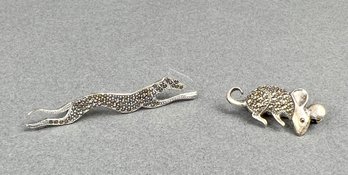 Sterling Silver And Marcasite Cheetah And Mouse Pins