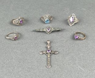 Grouping Of Sterling Silver Amethyst, Topaz And Marcasite Jewelry