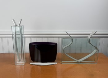 Peter Hewitt Glass And Aluminum Ribbon Vases And Purple Glass Vase