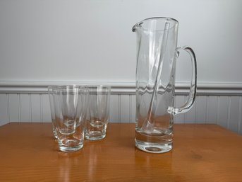Quality Handblown Glass Pitcher With Stirrer And 5 Refined Lip Pint Size Glasses