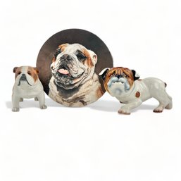 Original Oil Painting, English Bulldog Portrait And Two Ceramic Figurines