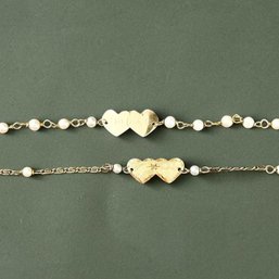 (2) 14kt Yellow Gold Dual Heart, Diamond And Pearl Ankle Bracelets