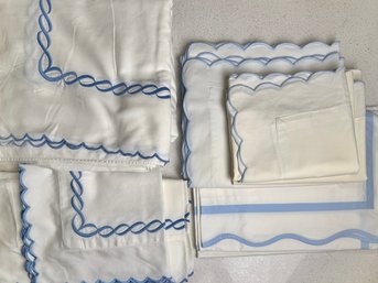 Italian Cotton Bed Linens In Blue And White, King Size