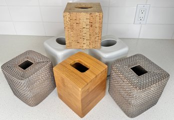 Six Tissue Box Covers In Cork, Rattan And White Ceramic