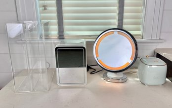 Vanity Accessories, Mini Fridge, Mirror, Small Waste Bin, Lucite Magazine Holder