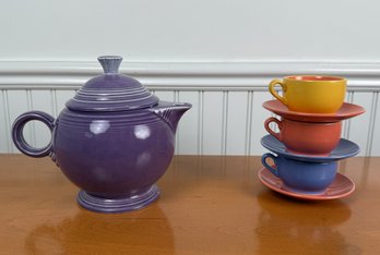 Homer Laughlin Fiestaware Purple Tea Pot And Ceramic Tea Cups
