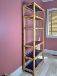 Bamboo Rattan Etagere Or Bookshelf With Blue Shelves