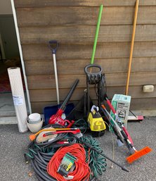 Storage Rack And Assorted Lot Of Tools, Hoses, Cords, Leaf Blower And Maintenance Help!