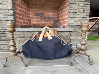 Antique Brass Andirons And Cotton Canvas Firewood Tote
