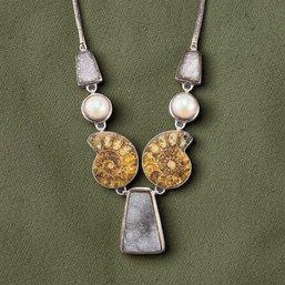 Sterling Silver Necklace With Ammonite Fossil Druzy Quartz And Pearl